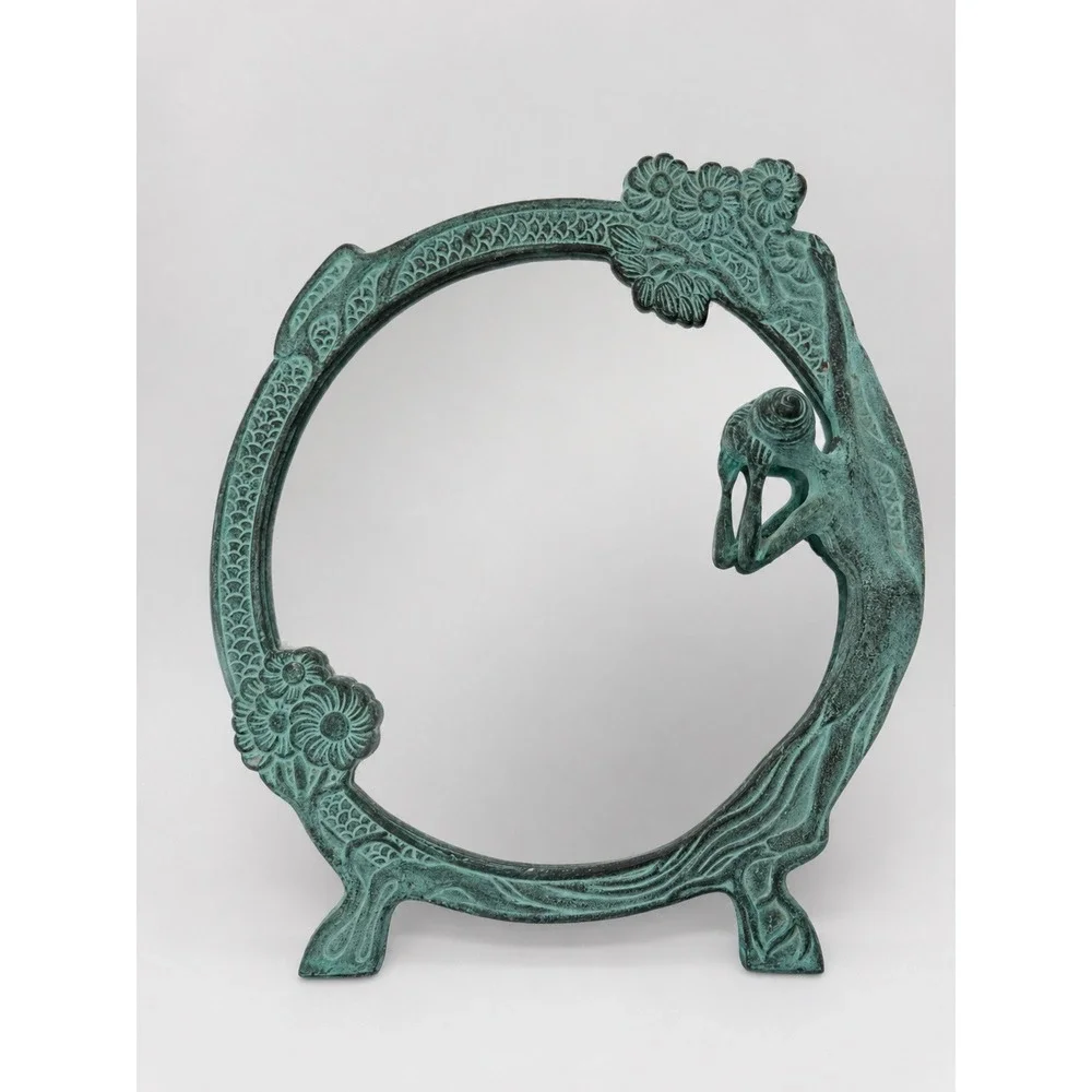 Vintage Art Nouveau Lady Tabletop Mirror Verdigris Metal Fairycore Mermaidcore